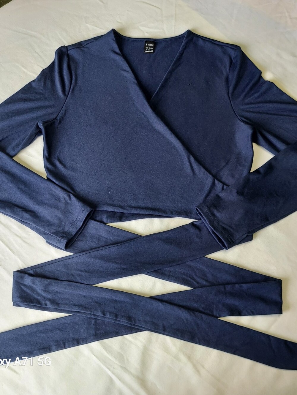 Navy Wrap-Style Long Sleeve Crop Top with Waist Ties - Picture 4 of 8